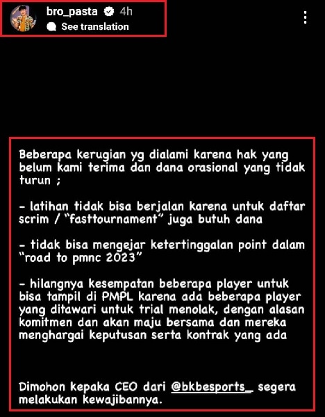 Bkb Player Bro Pasta Unggah Story Sebut BKB Esports Belum Bayar Gaji Player dan ...